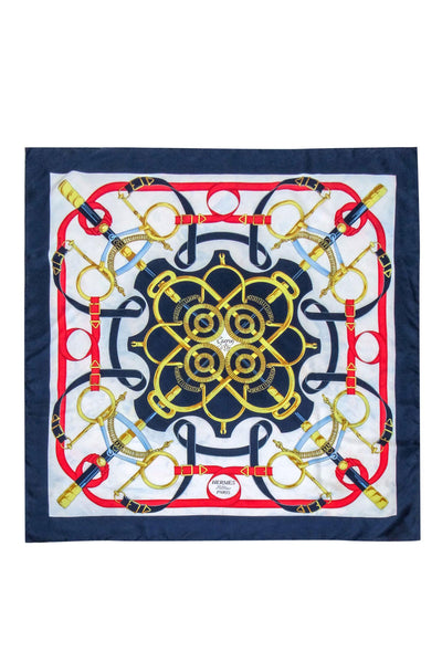 Current Boutique-Hermes - Navy, Red, White & Gold Carre 90 Scarf