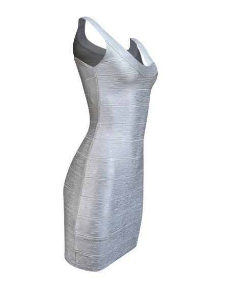 Current Boutique-Herve Leger - Silver Metallic Scoop Neck Bandage Dress Sz M