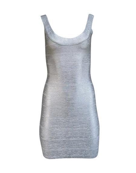 Current Boutique-Herve Leger - Silver Metallic Scoop Neck Bandage Dress Sz M