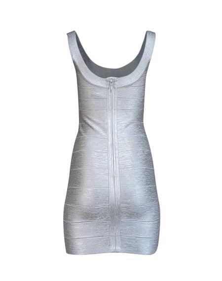Current Boutique-Herve Leger - Silver Metallic Scoop Neck Bandage Dress Sz M