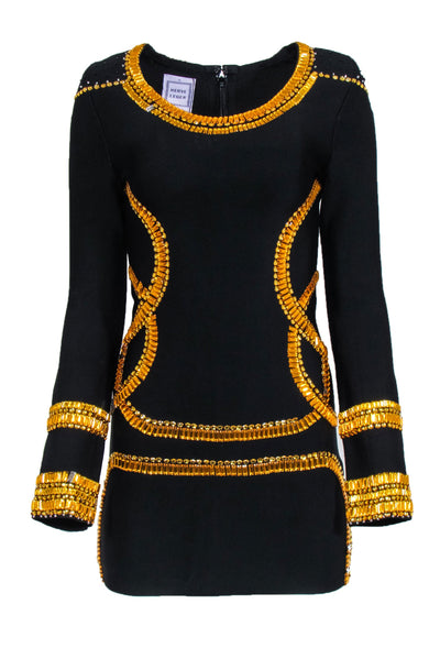 Current Boutique-Herve Leger - Black Bandage with Gold Jewel Trim Sz XL