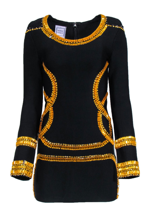 Current Boutique-Herve Leger - Black Bandage with Gold Jewel Trim Sz XL