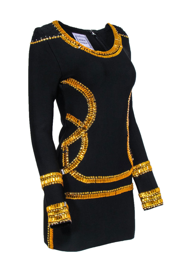 Current Boutique-Herve Leger - Black Bandage with Gold Jewel Trim Sz XL