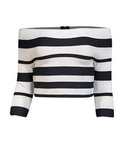Current Boutique-Herve Leger - White & Black Striped Bandage Off-the-Shoulder Top Sz L
