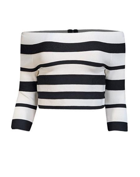Current Boutique-Herve Leger - White & Black Striped Bandage Off-the-Shoulder Top Sz L