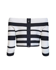 Current Boutique-Herve Leger - White & Black Striped Bandage Off-the-Shoulder Top Sz L