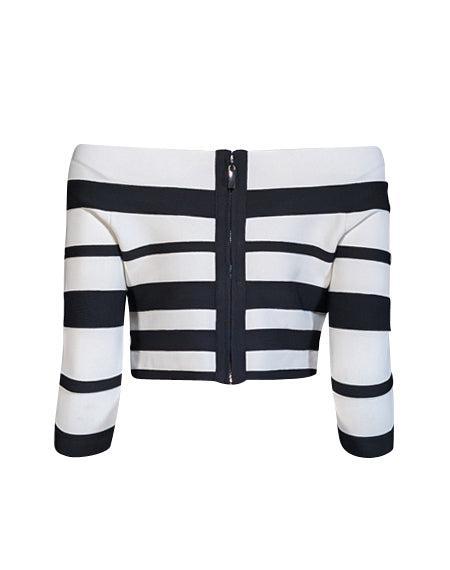 Current Boutique-Herve Leger - White & Black Striped Bandage Off-the-Shoulder Top Sz L