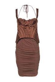 Current Boutique-House of CB - Tan Ruched Sleeveless Corset Bodice Dress Sz L