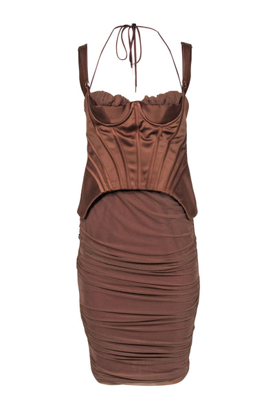 Current Boutique-House of CB - Tan Ruched Sleeveless Corset Bodice Dress Sz L