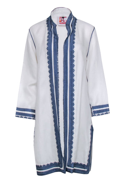 Current Boutique-Ibu - Ivory Open Front Duster Jacket w/ Embroidered Blue Trim Sz M