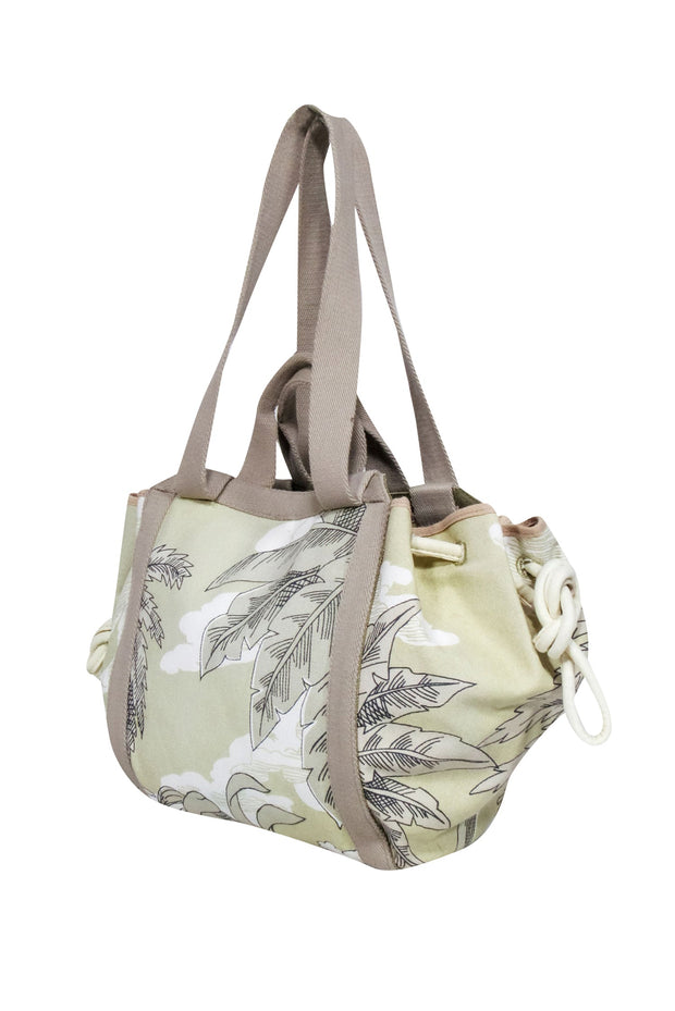 Current Boutique-Inoui Editions - Beige, Cream, & Light Green Tropical Print Drawstring Bag