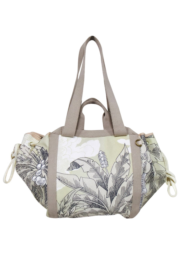Current Boutique-Inoui Editions - Beige, Cream, & Light Green Tropical Print Drawstring Bag