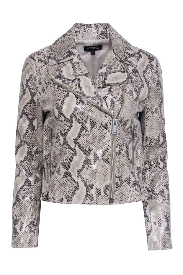 Current Boutique-Intermix - Beige & Black Leather Snake Print Embossed Moto Jacket Sz P
