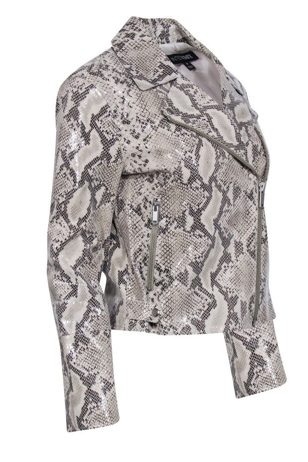 Current Boutique-Intermix - Beige & Black Leather Snake Print Embossed Moto Jacket Sz P