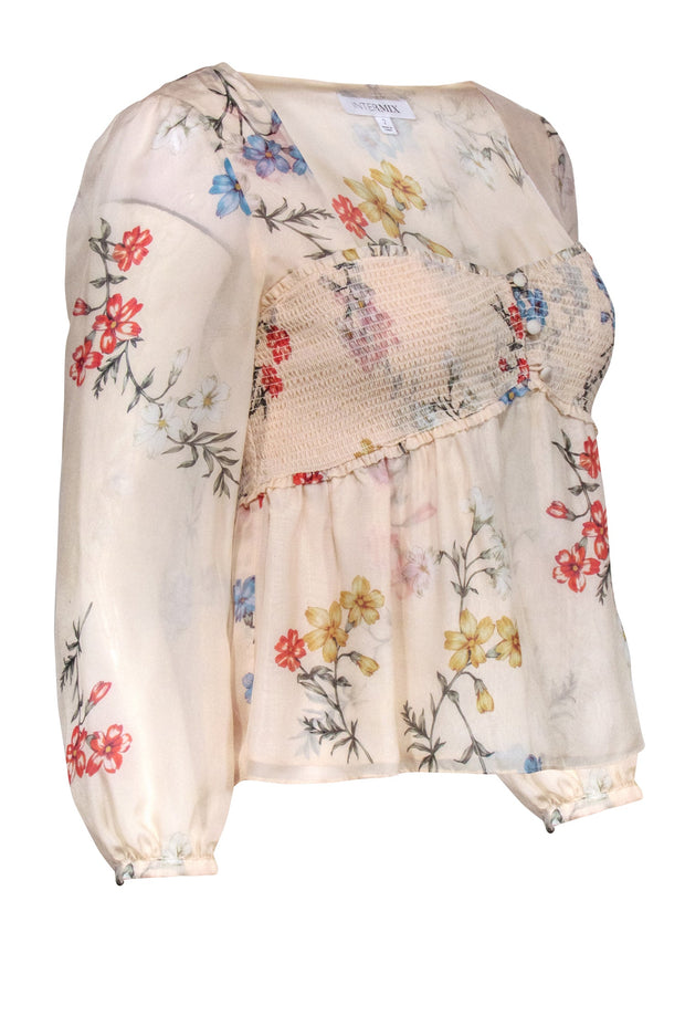 Current Boutique-Intermix - Nude w/ Multi Color Floral Print Smocked Bodice Blouse Sz 2