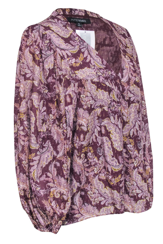 Current Boutique-Intermix - Maroon & Beige Paisley Long Sleeve Blouse Sz L
