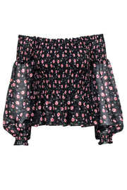 Current Boutique-Intermix - Black Smocked Off The Shoulder Top w/ Floral Print Sz M