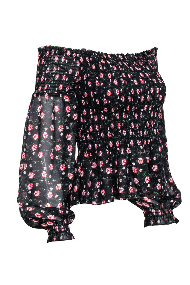 Current Boutique-Intermix - Black Smocked Off The Shoulder Top w/ Floral Print Sz M