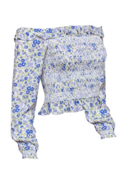 Current Boutique-Intermix - White w/ Blue & Green Floral Print Smocked Top Sz P