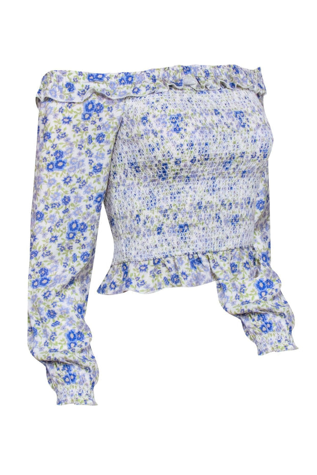 Current Boutique-Intermix - White w/ Blue & Green Floral Print Smocked Top Sz P