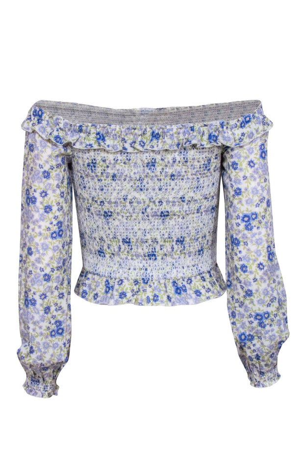 Current Boutique-Intermix - White w/ Blue & Green Floral Print Smocked Top Sz P