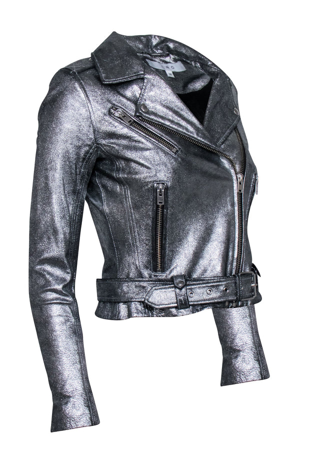 Current Boutique-IRO - Silver Metallic Lamb Leather Moto Zip Jacket Sz 4