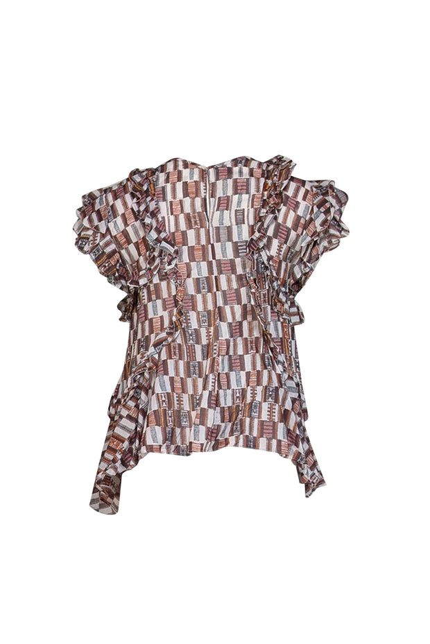 Current Boutique-Isabel Marant - Maroon, Red, & White Print Ruffle Trim Blouse Sz 10
