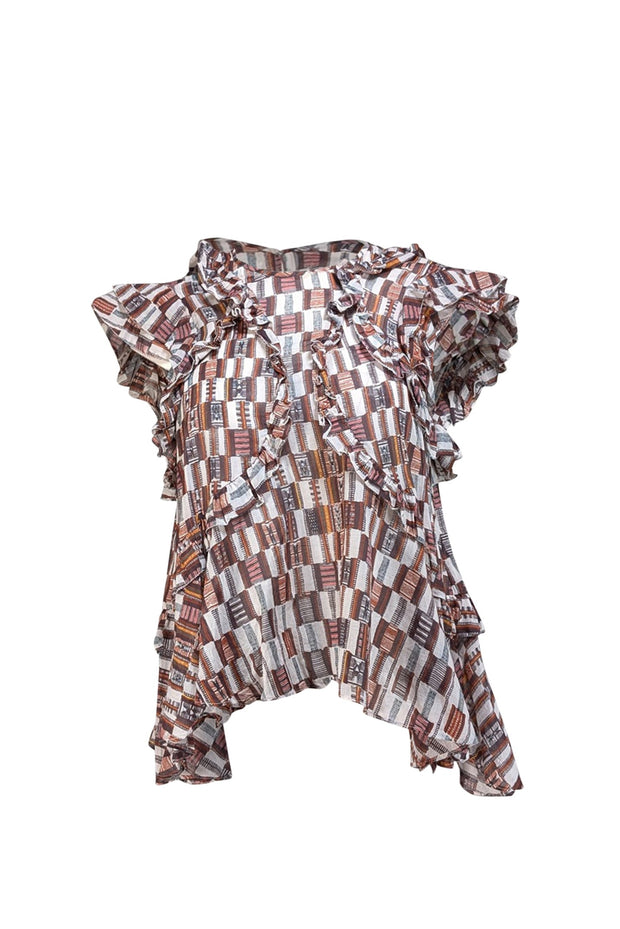 Current Boutique-Isabel Marant - Maroon, Red, & White Print Ruffle Trim Blouse Sz 10