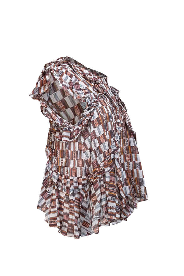 Current Boutique-Isabel Marant - Maroon, Red, & White Print Ruffle Trim Blouse Sz 10
