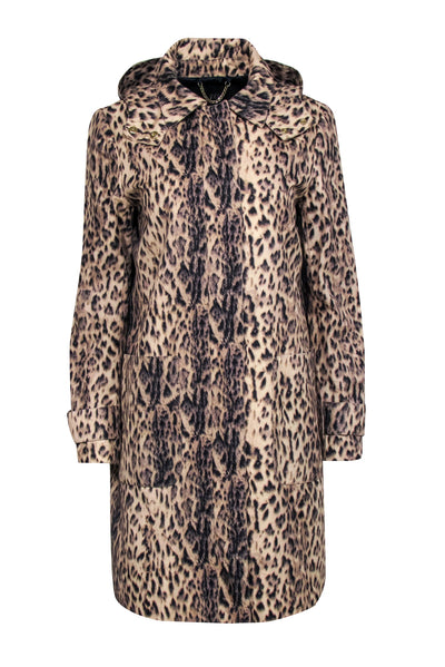 Current Boutique-J.Crew - Beige & Black Leopard Print Hooded Trench Coat Sz 8