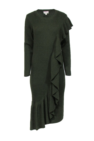 Current Boutique-J.Crew Collection - Green Ribbed Knit Long Sleeve Ruffle Dress Sz M