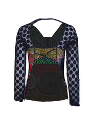 Jean Paul Gaultier - Black & Multi Print Open Back Semi Sheer Top Sz L - Current Boutique