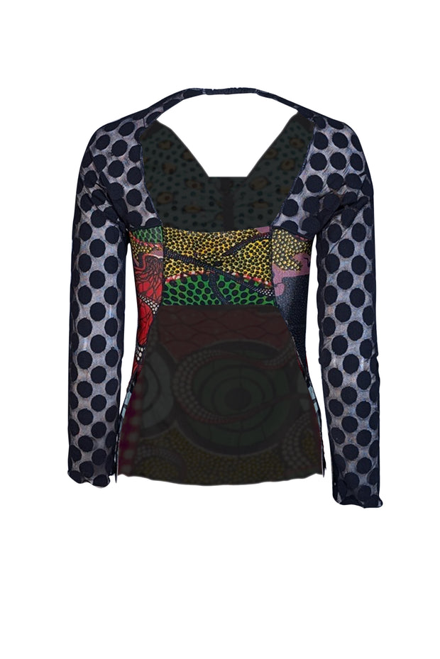 Jean Paul Gaultier - Black & Multi Print Open Back Semi Sheer Top Sz L - Current Boutique