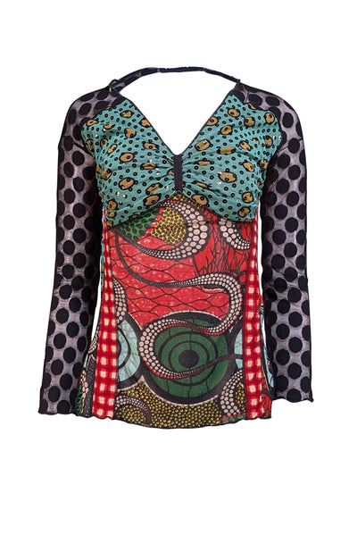 Jean Paul Gaultier - Black & Multi Print Open Back Semi Sheer Top Sz L - Current Boutique