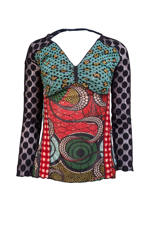 Jean Paul Gaultier - Black & Multi Print Open Back Semi Sheer Top Sz L - Current Boutique