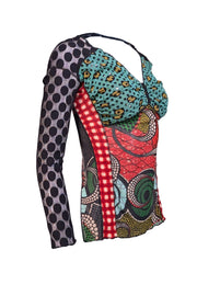 Jean Paul Gaultier - Black & Multi Print Open Back Semi Sheer Top Sz L - Current Boutique