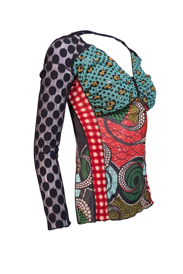 Jean Paul Gaultier - Black & Multi Print Open Back Semi Sheer Top Sz L - Current Boutique