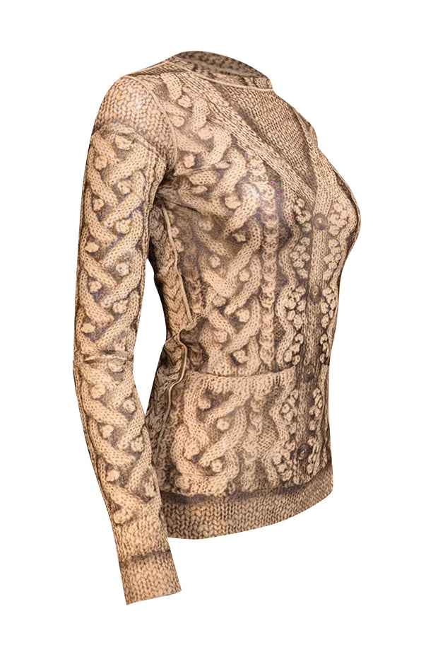 Current Boutique-Jean Paul Gaultier - Beige & Brown Print Mesh Long Sleeve Top Sz M