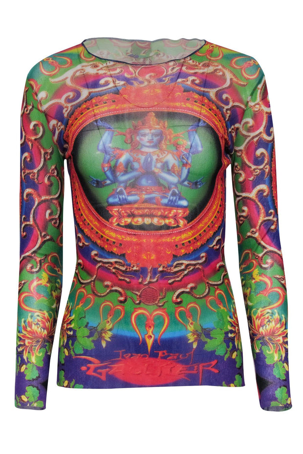 Current Boutique-Jean Paul Gaultier - Green & Multicolor Hindu Goddess Print Mesh Shirt Sz M