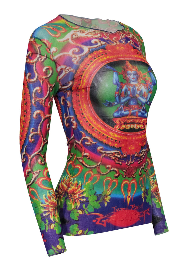 Current Boutique-Jean Paul Gaultier - Green & Multicolor Hindu Goddess Print Mesh Shirt Sz M