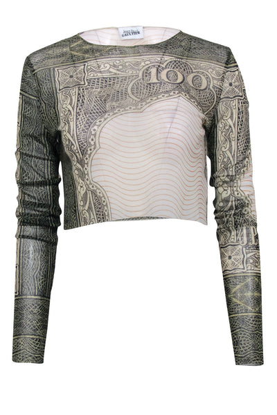 Current Boutique-Jean Paul Gaultier - Olive Green & Cream $100 Bill Mesh Vintage Top Sz XXL