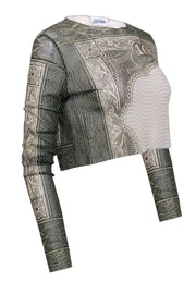 Current Boutique-Jean Paul Gaultier - Olive Green & Cream $100 Bill Mesh Vintage Top Sz XXL