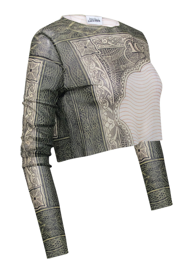 Current Boutique-Jean Paul Gaultier - Olive Green & Cream $100 Bill Mesh Vintage Top Sz XXL