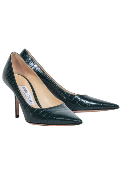 Current Boutique-Jimmy Choo - Dark Green Croc Embossed “Love” Heels Sz 6
