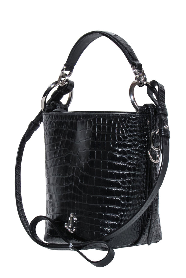 Current Boutique-Jimmy Choo - Black Patent Croc Texture Mini Bucket Bag