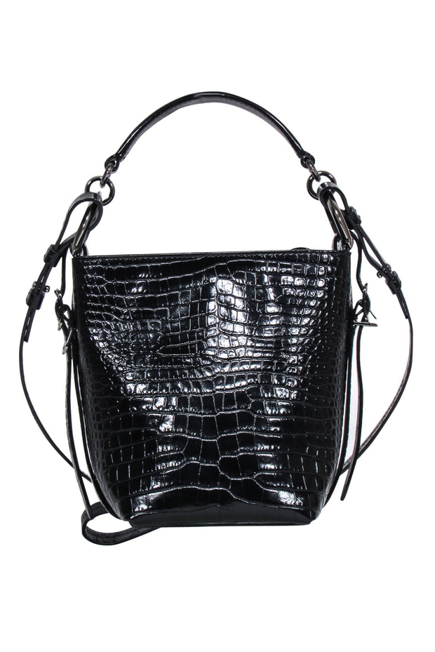 Current Boutique-Jimmy Choo - Black Patent Croc Texture Mini Bucket Bag