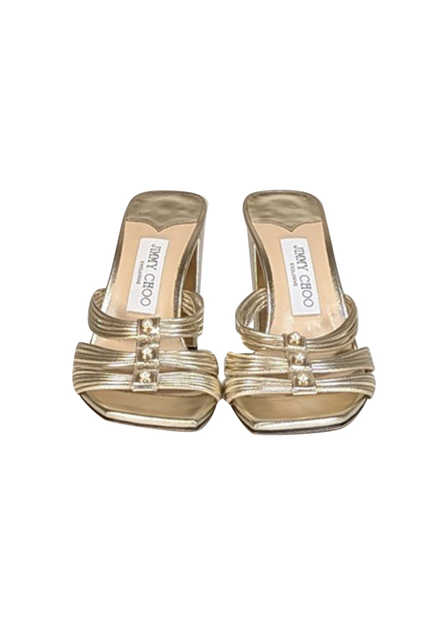 Current Boutique-Jimmy Choo - Gold Strappy Square Toe Mule Pumps Sz 7.5