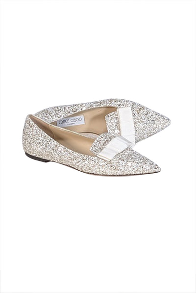 Current Boutique-Jimmy Choo - Gold &amp; White Glitter Pointed Toe Flats Sz 9
