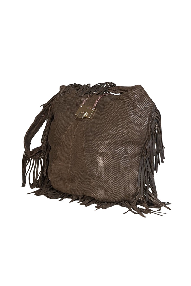 Jimmy Choo - Brown Embossed Fringe Trim Hobo Bag - Current Boutique