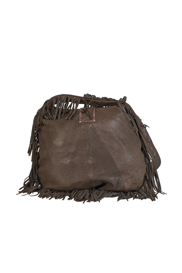Jimmy Choo - Brown Embossed Fringe Trim Hobo Bag - Current Boutique